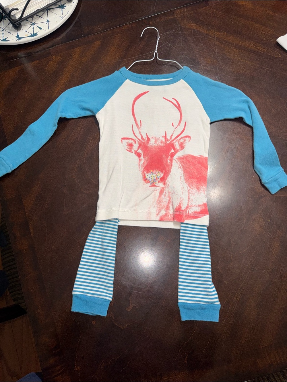 Tea Collection Cream Top with Blue Sleeves and Red Reindeer Pajama Set